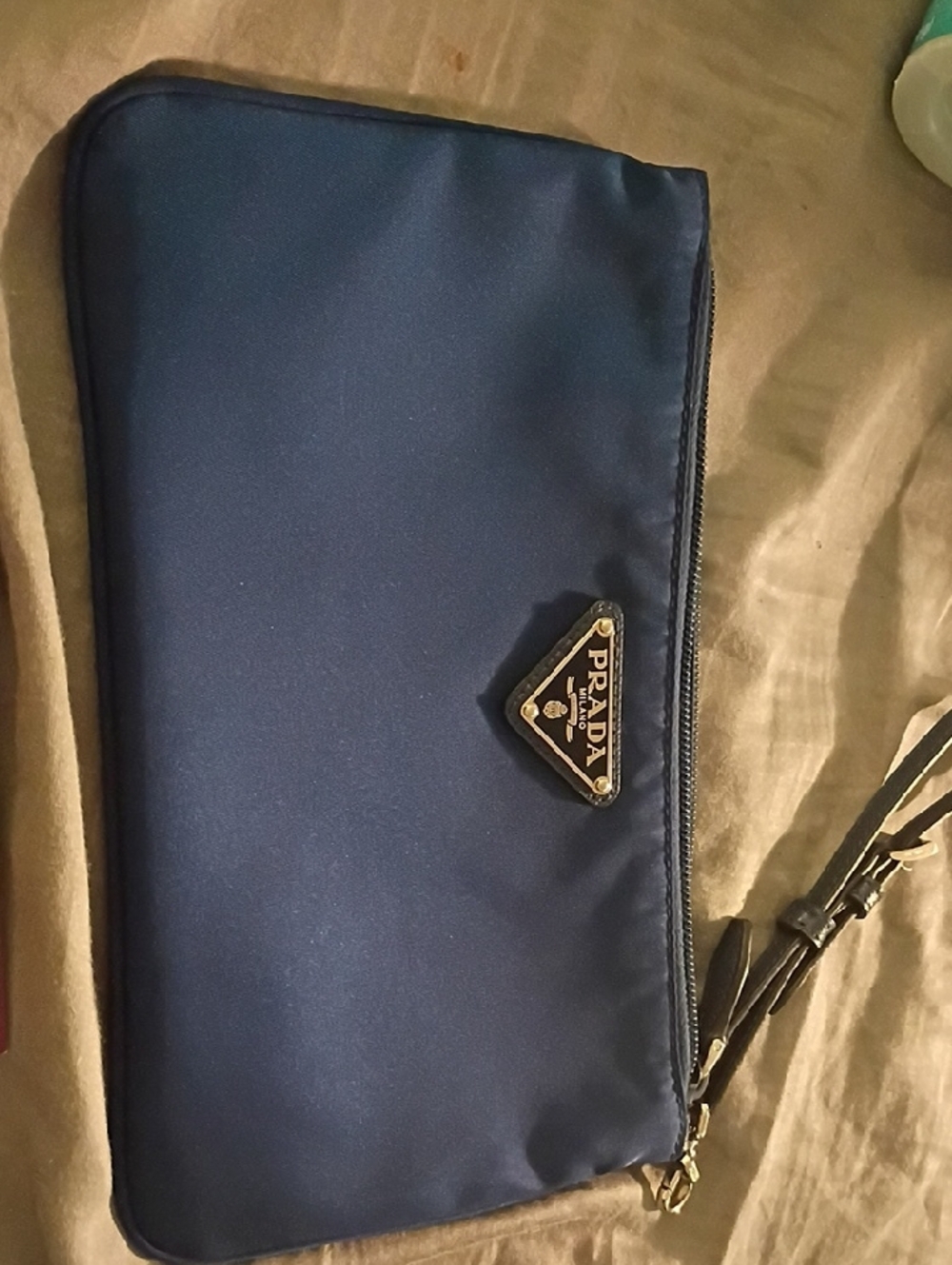 Prada Navy Nylon Wristlet with Gold Triangle Logo - Picture 3 of 3